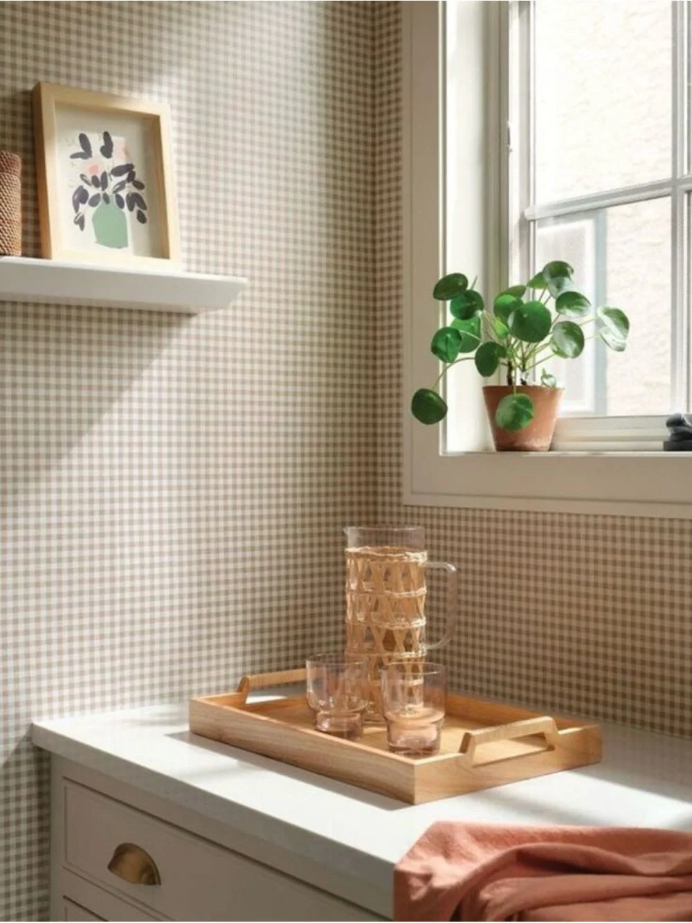 NEW! Threshold - Gingham Taupe Peel and Stick Wallpaper, 198”x 20”